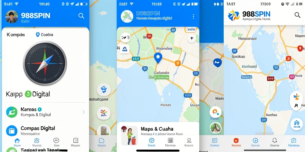 Tampilan antarmuka utama 988SPIN dengan fitur kompas digital.