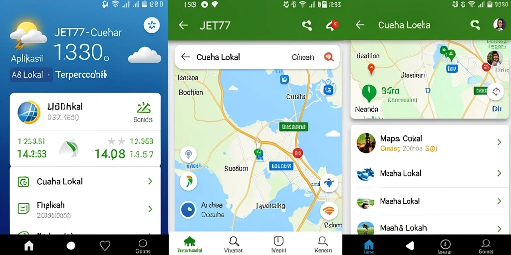 Screenshot utama JET77 menunjukkan antarmuka modern aplikasi Cuaca Lokal.