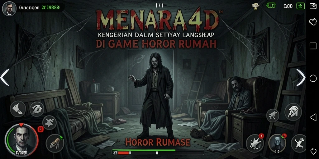 Screenshot antarmuka MENARA4D menampilkan suasana menakutkan di dalam rumah.