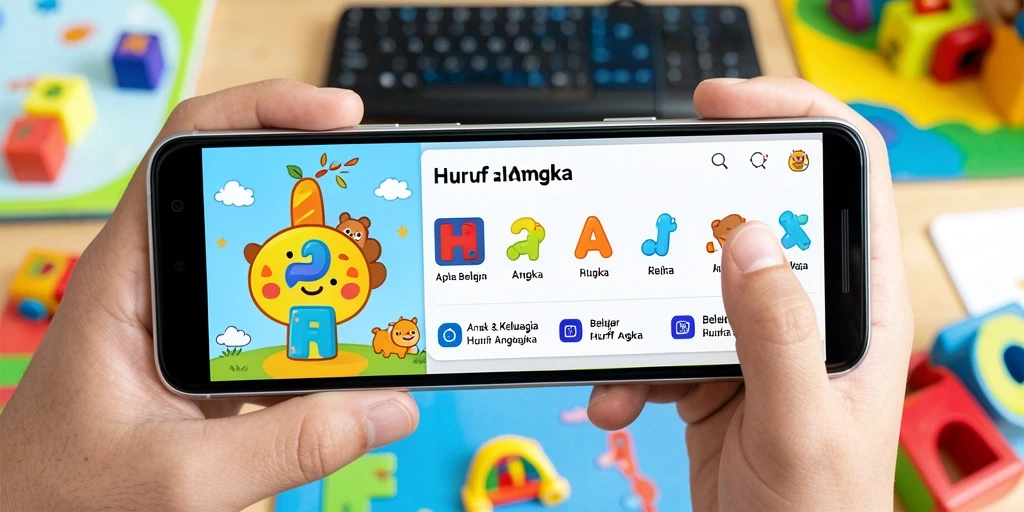Screenshot aplikasi PRG007 menunjukkan antarmuka belajar huruf dan angka yang interaktif.
